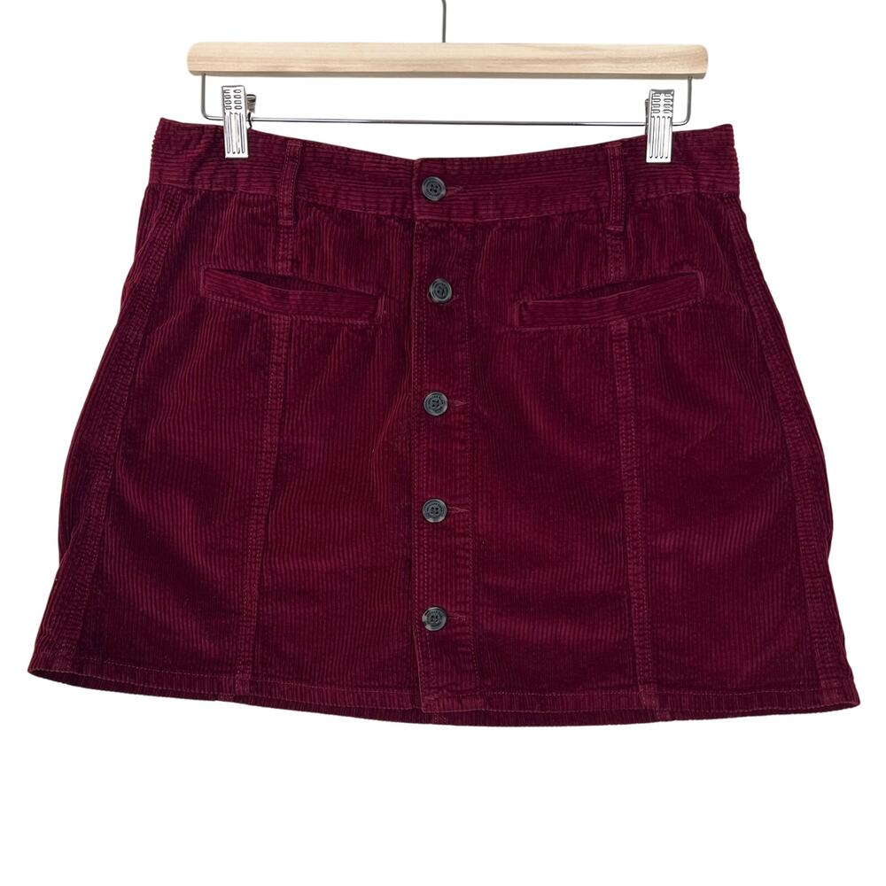 American Eagle Outfitters Sz 12 Burgundy Hi-Rise A-Line Skirt Corduroy Button Up